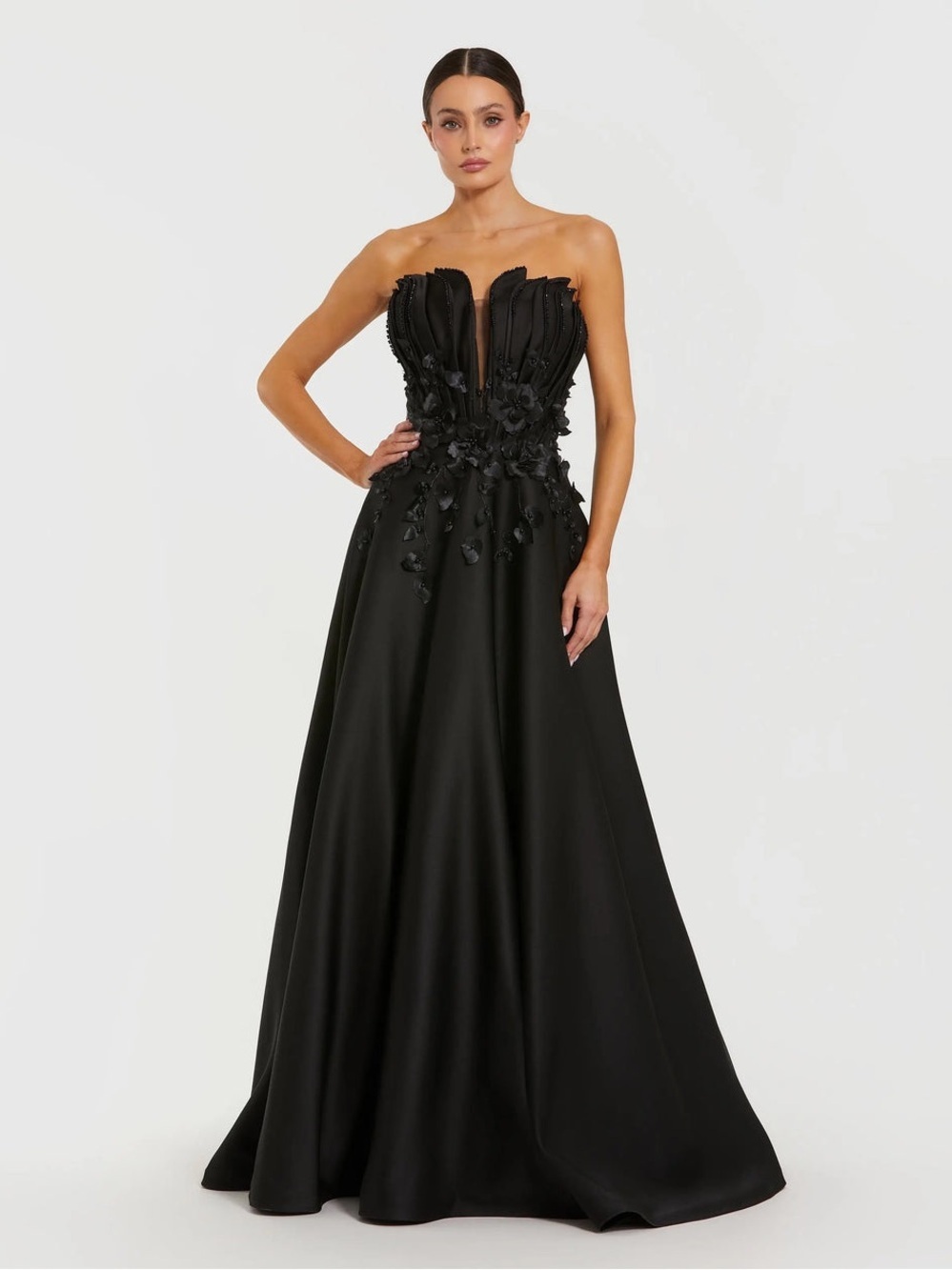 Mac Duggal 37134 Black Strapless Satin Floral Embellished Ball Gown Size 14 NWT